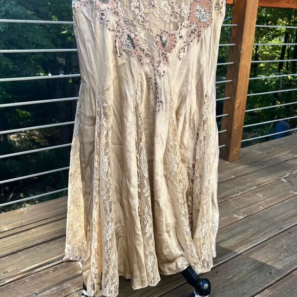 Vintage Cache Beaded Gold & Tan Lace Silk Formal Dress Gown - Picture 8 of 10